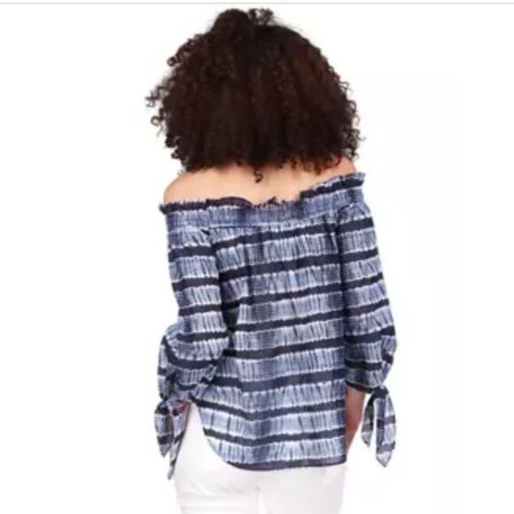 NWT Michael Kors Smocked Off Shoulder Chambray Stripes Chic & Polished Top S - Picture 11 of 13